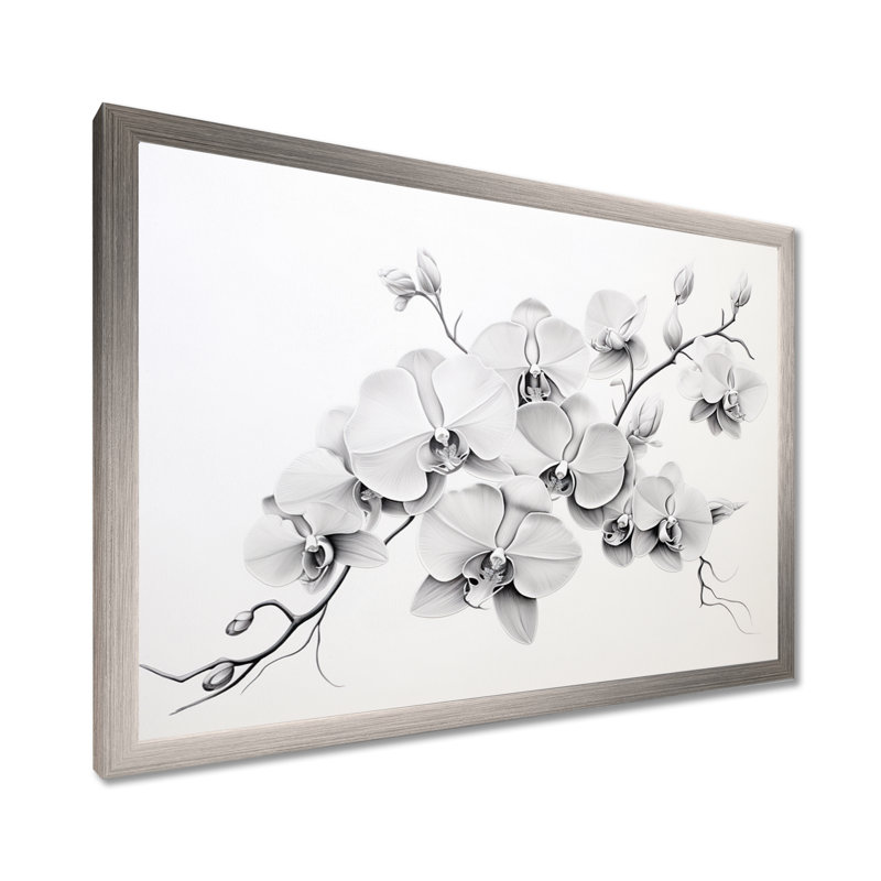Orchidée noire et blanche Tranquility II - art mural encadré orchidée, Cadre simple argenté, H 12 po x l 20 po x P 1 po