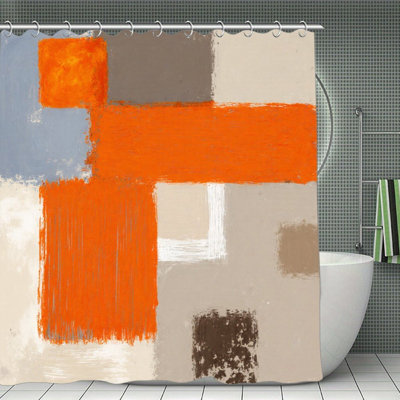 Orange & Neutral Abstract Bath Curtain, Artistic Bathroom Shower Divider-72X72 Inch