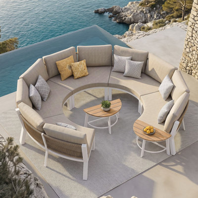 Ensemble de conversation de patio en aluminium demi-lune pour 8 personnes avec coussins et table basse