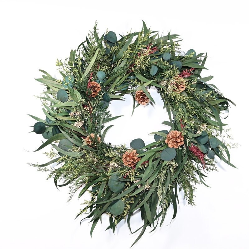 Couronne de porte artificielle de 24 po en forme de ferme naturelle séchée d'eucalyptus avec pommes de pin automne et hiver