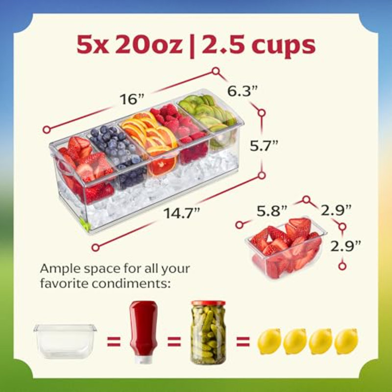 Chilled Condiment Server|Hosting Essentials For Up To 80 Oz Of Ice|Bar Supplies Drain Plug|BPA-Free Taco Bar/Salad Bar | Food-Safe Condiment Caddy|Hosting Party Essentials