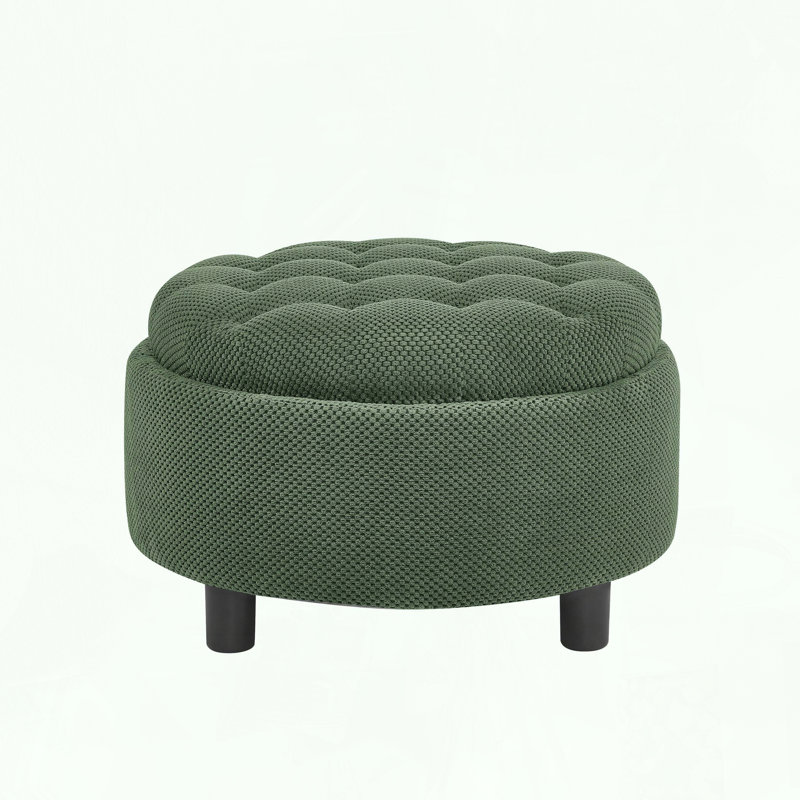Round Storage Ottoman with Removable Tray and Tufted Design, Dark Green