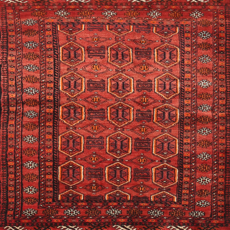 Tapis traditionnel beige / rouge / bleu, Carré 7 pi