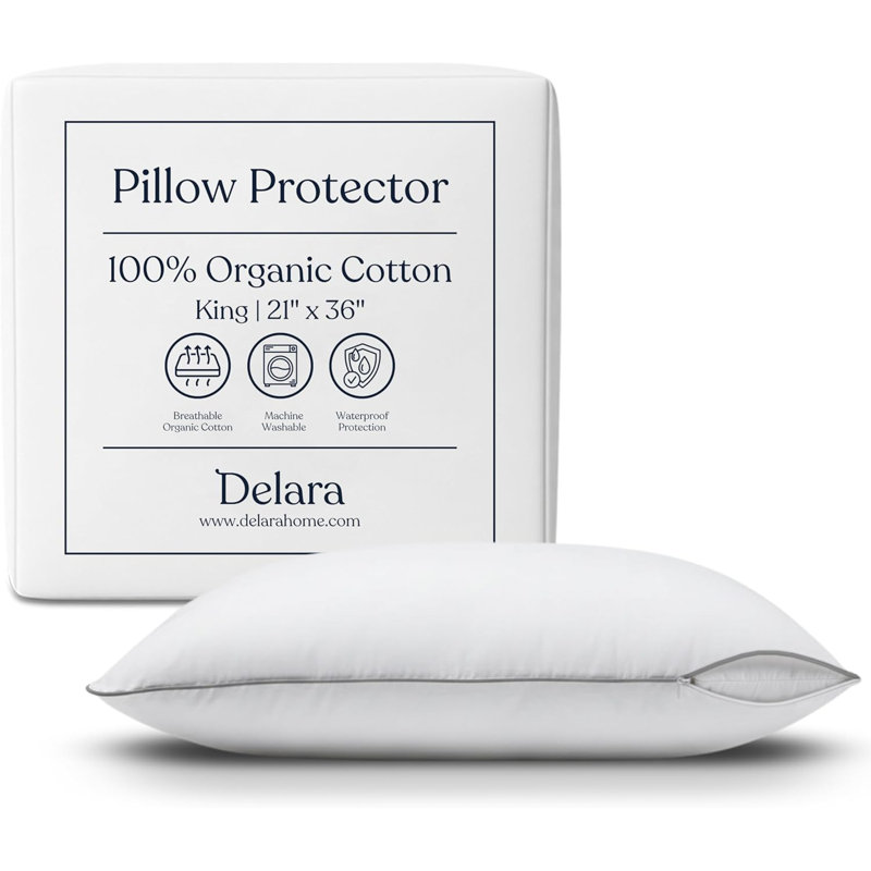 Delara 100% Organic Cotton Pillow Protector, GOTS Certified, Pack of 2, White, 21" x 30", Queen