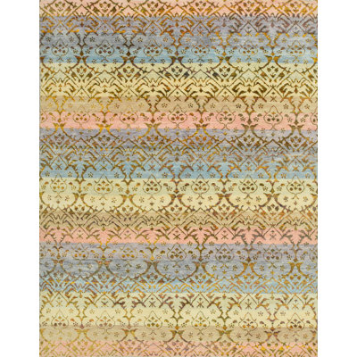 Tapis unique en laine noué à la main 7 pi 9 po x 10 pi nouvel âge en beige / bleu / rose Justino