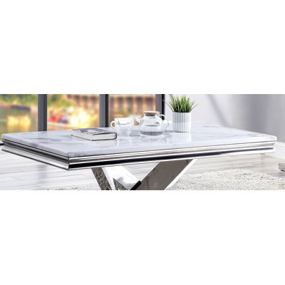Table basse avec socle rectangulaire en faux marbre 18 mm avec structure en V et structure en acier inoxydable