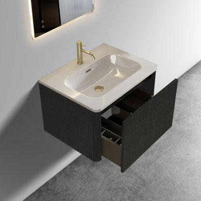 Meuble-lavabo de salle de bain 24 po - Chêne noir rayé, lavabo en céramique blanche, texture pratique en chêne, élégance