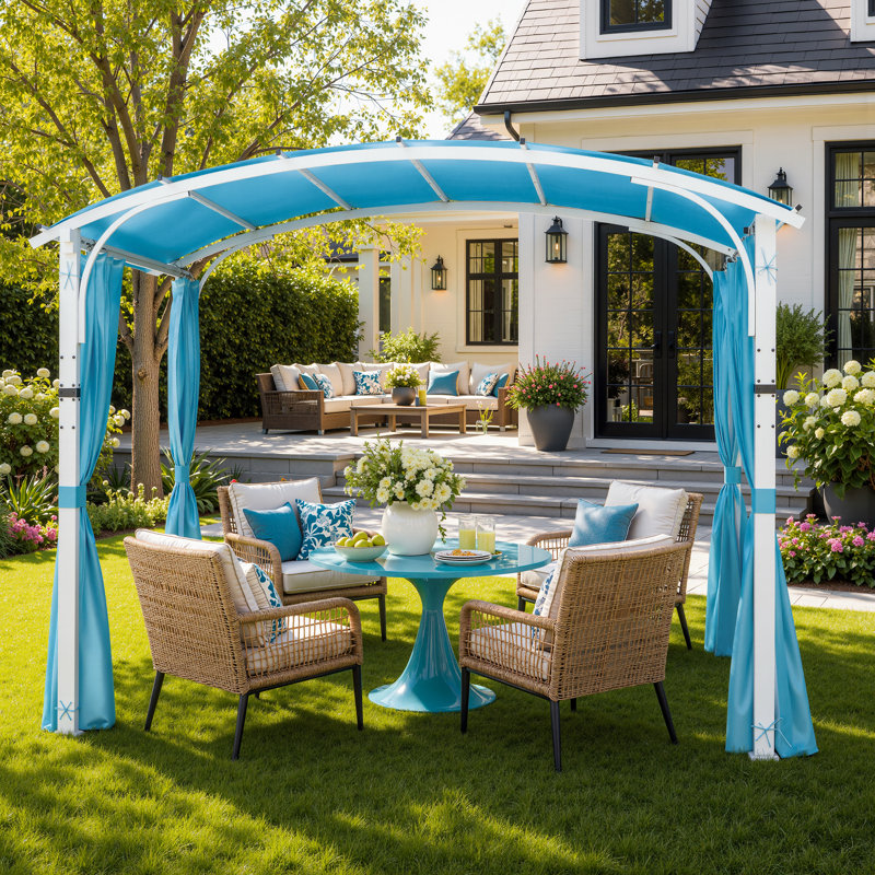 Pergola arquée d'extérieur 11 'x 10' avec auvent et rideaux - Structure en acier de qualité supérieure pour la cour / terrasse / porche, protection UV + intimité et ventilation