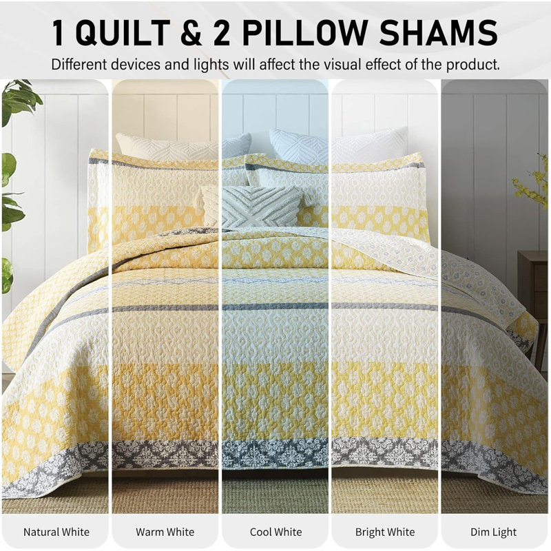 King Size White and Yellow Cotton Reversible Quilt Set