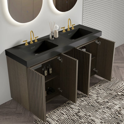 Rangement pour salle de bain - Meuble-lavabo autoportant en chêne fumé avec évier avec trois trous de robinet, grand meuble-lavabo autoportant pour salle de bain moderne, lavabo une pièce noir sans bonde ni robinet, KD