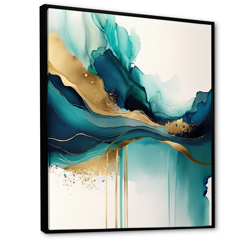 «Teal and Gold Abstract Expression II», art abstrait à l'encre liquide, H 32 po x l 16 po, Cadre flottant, Noir