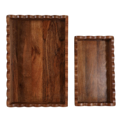 Plateaux décoratifs en bois de manguier pour la décoration intérieure - Centre de table avec poignée pour l'entrée, la table basse ou la table à manger - Lot de 2, 45,7 cm et 35,6 cm, brun et beige