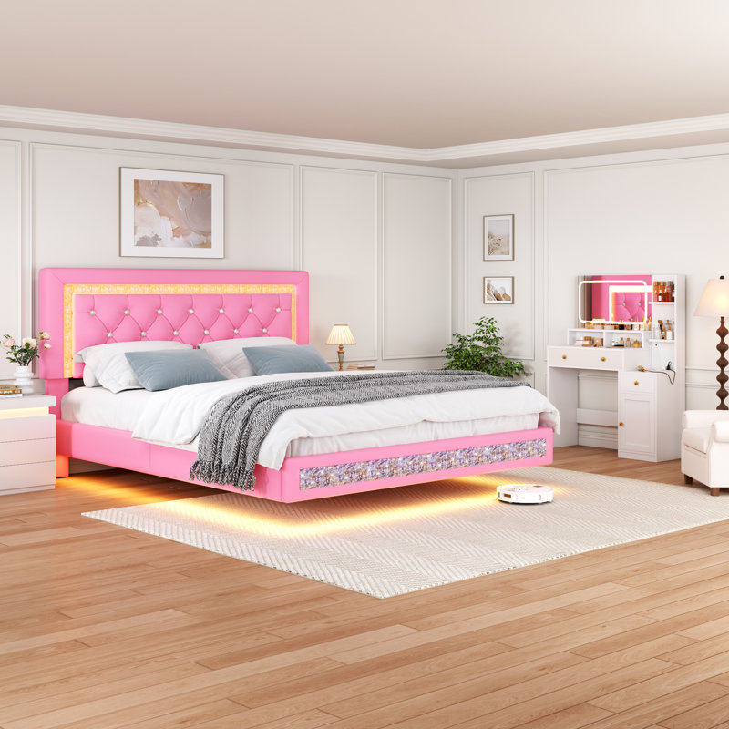 Lit plateforme flottant Queen size en similicuir rose avec tête de lit capitonnée en losanges et éclairage DEL, sans sommier, conception silencieuse, montage facile