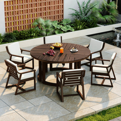 Ensemble de salle à manger d'extérieur pour 6 personnes, table ronde avec trou pour parasol, mobilier de jardin en bois, coussins amovibles, pattes antidérapantes, 5 cm d'épaisseur, bois