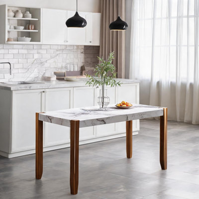Rectangular Dining Table with Faux Marble Top and Rubberwood Legs, Seats 4, White-Toned, 46.5 Inches