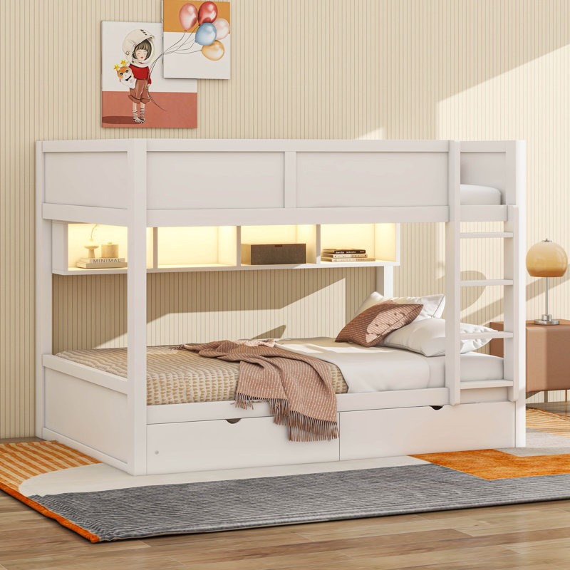 Full XL Over Full XL Bunk Bed With 2 Drawers, Wood Bunk Bed With Storage Cabinets And LED Lights, White
