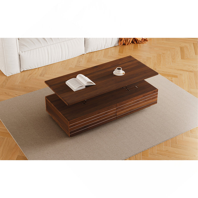 Modern Walnut Rectangular LED Lights Coffee Table With 2 Drawers In 47.2", Walnut