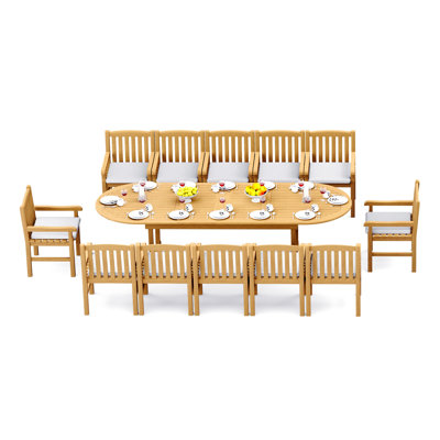 Ensemble de salle à manger en bois de teck de qualité Grade A: table à double tréteaux ovales à double rallonge de 118 po et 10 chaises avec accoudoirs Devon # 11DV2710