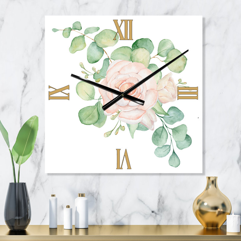 Horloge murale roses avec fleurs et feuilles d'eucalyptus, Moyen
