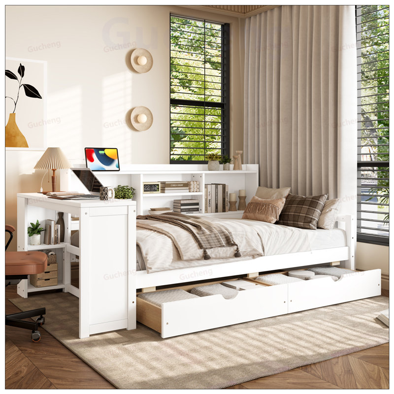 Lit de jour d'angle avec rangement, bureau, port de charge et bibliothèque pour une vie moderne et efficace, White