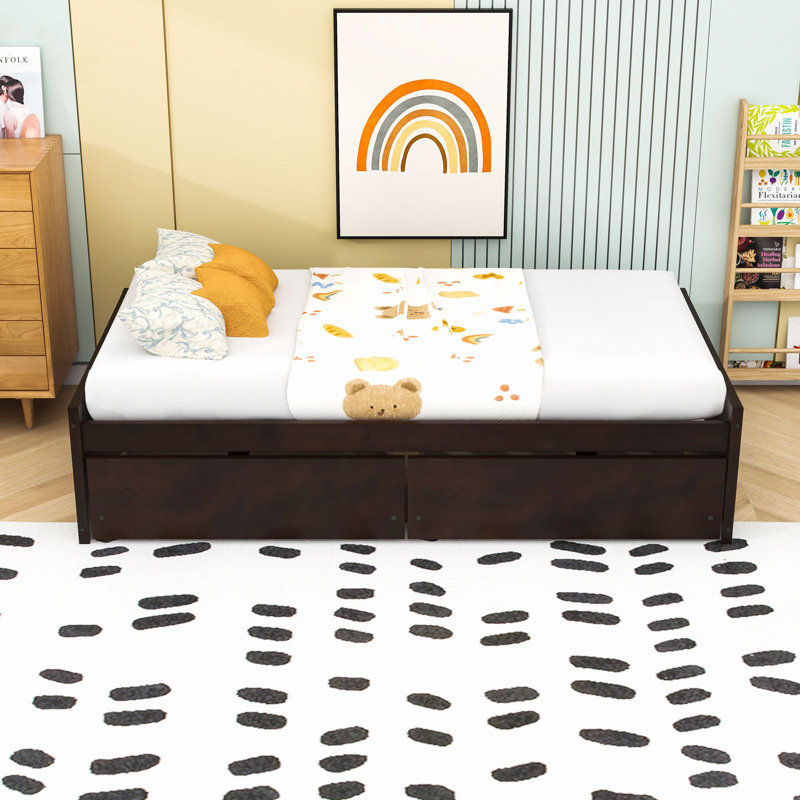Yunet Twin Size Wood Platform Bed with 2 Drawers, Espresso