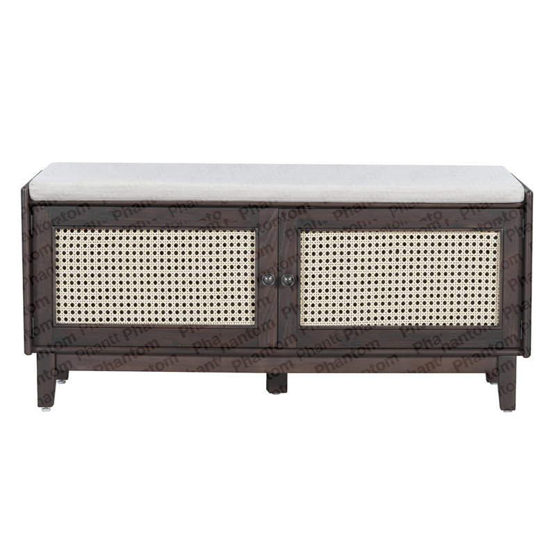 Boho Rattan Entryway Bench With Storage, Cushioned Shoe Bench With Double Doors, Wooden Shoe Organizer Bench For Entryway And Hallway (Espresso+Beige )