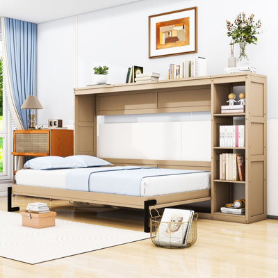 Space-Saving Wood Murphy Bed with Side Storage Shelves