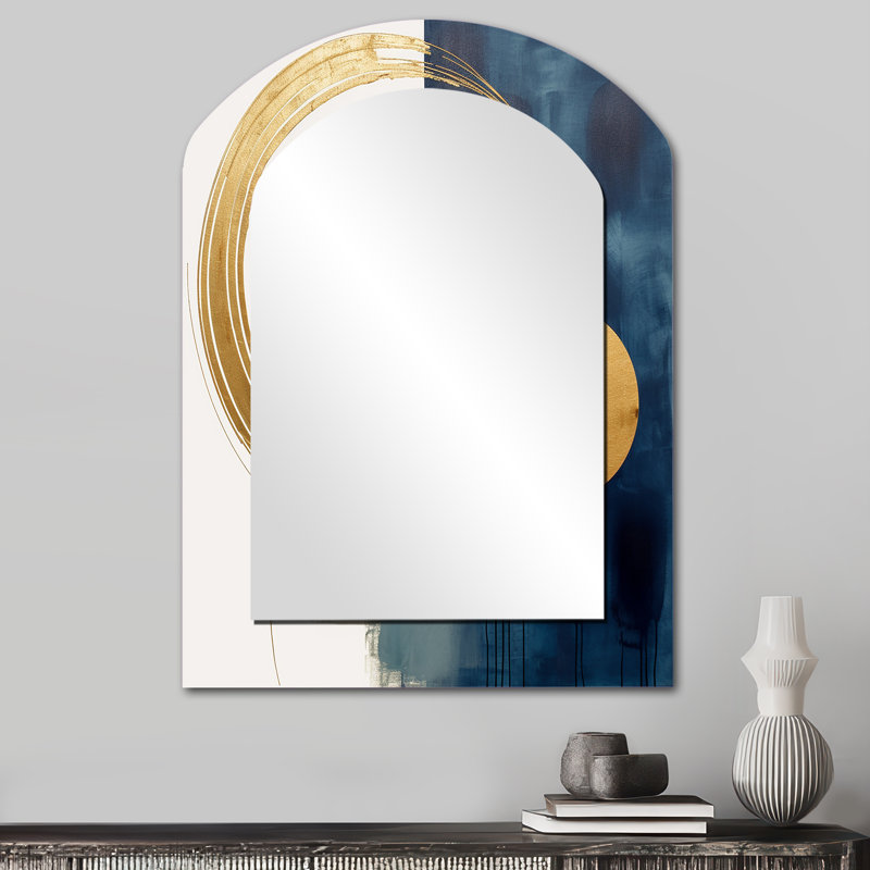 Moon Bliss On Delft Blue Sky Mid-Century I - Transitional Asymmetrical Large Wall Mirror, Modern Arch Unique Mirror, Printed Metal Art