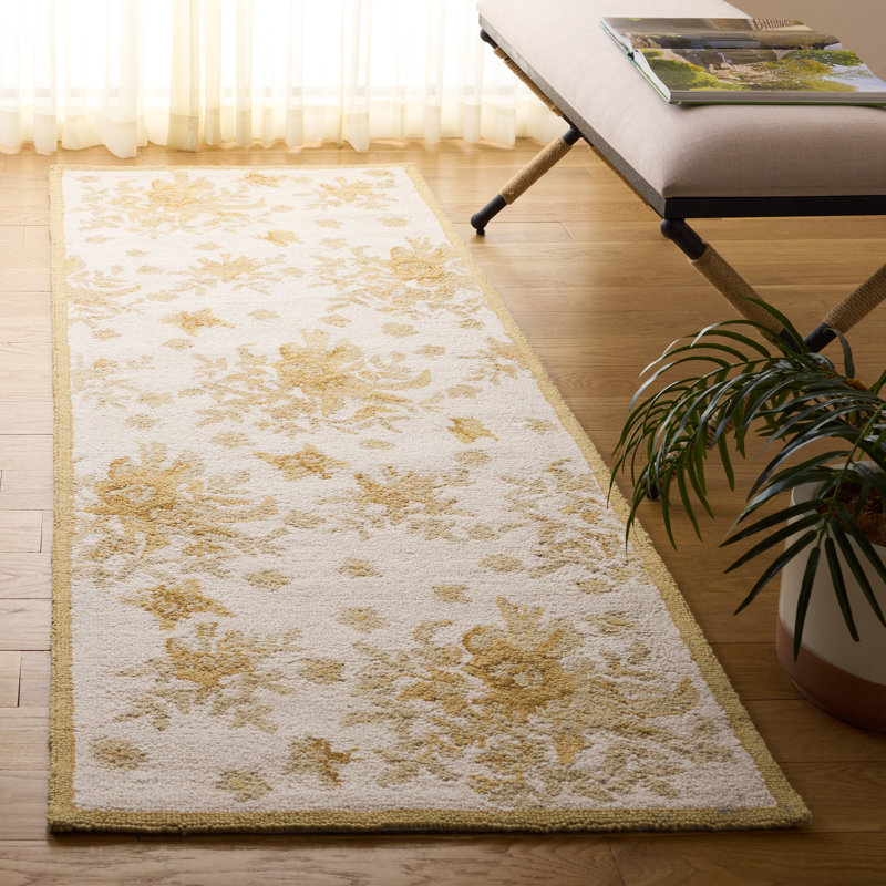 Tapis doré en laine crocheté à la main Hollander, Tapis de couloir 2 pi 6 po x 8 pi
