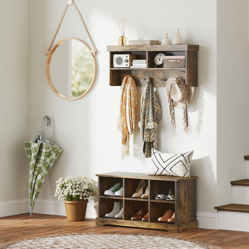 Coat Rack Shoe Bench Set with 8 Storage Cubbies, Rustic Brown