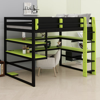 Lit mezzanine multifonctionnel en bois avec bureau intégré, tablettes de rangement et éclairage RVB