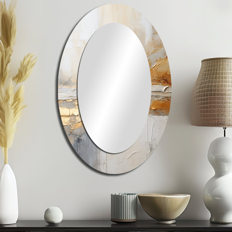 Beige Abstract Fusion I - Coastal Oval Decorative Mirror On Metal, 36" x 24"
