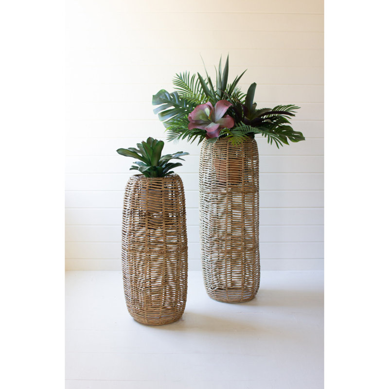 Handmade Tall Woven Seagrass Barrel Planters Set