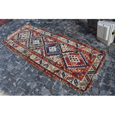 Handwoven Vintage Turkish Runner Rug with Bold Geometric Patterns in Vibrant Red and Blue Blue/Red