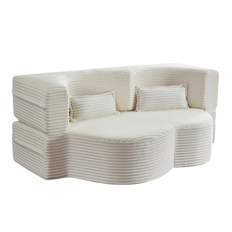 Full Size Beige Folding Sleeper With 2 Pillows, Corduroy Upholstery, Foam - Filled, Convertible, No Assembly, For Guest Bed In Apartments Lofts
