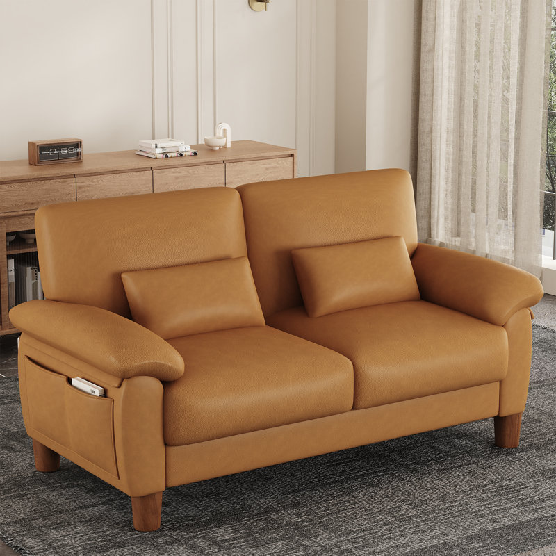 180cm Faux Leather 2-Seater Sofa With Solid Wood Frame, Spring Seat Cushion and Two Throw Pillows, Orange