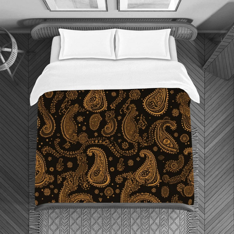 Machine Printed Duvet Cover, Housse de couette pour lit simple, Or / cachemire brun