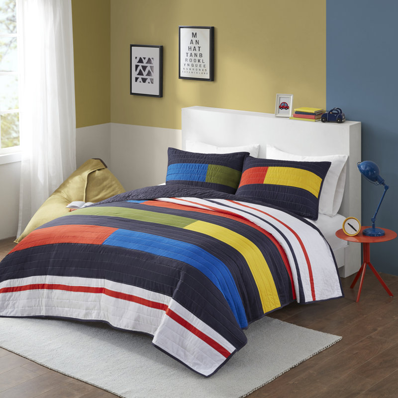 Morris Cotton Stripe Printed Quilt Set, Full Quilt + 2 Standard Shams