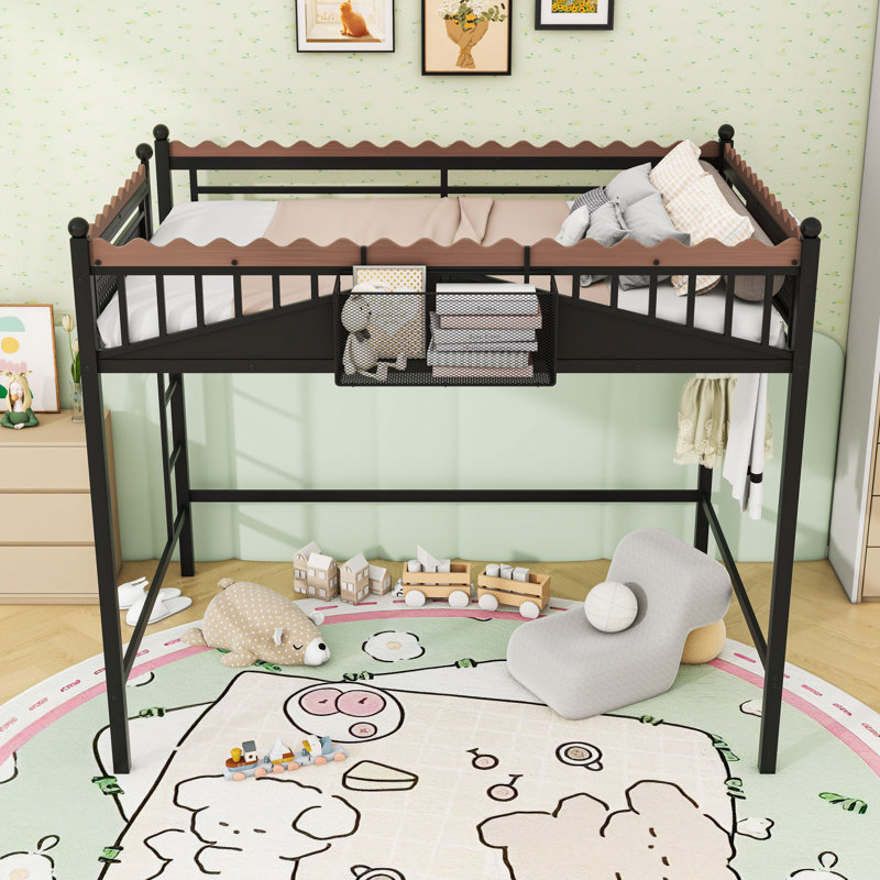 Metal Loft Bed with Bookshelf and Guardrails, Full
