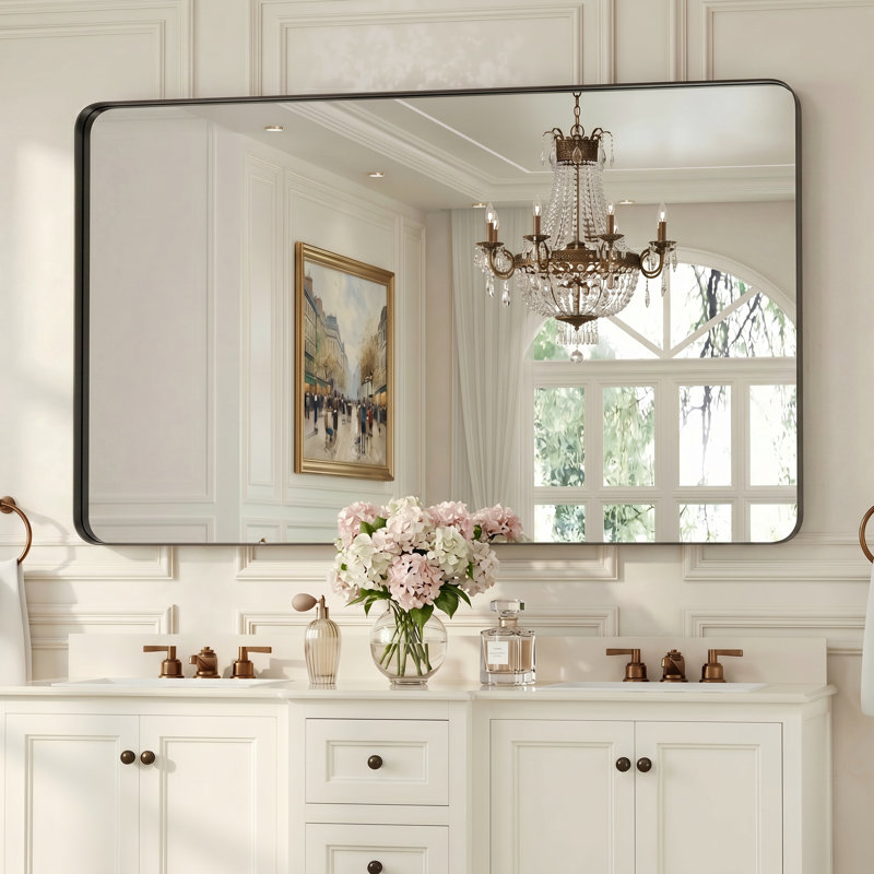 Miroir de salle de bain rectangulaire arrondi de 1,18 po avec cadre en alliage d'aluminium et verre trempé de qualité supérieure Lunara