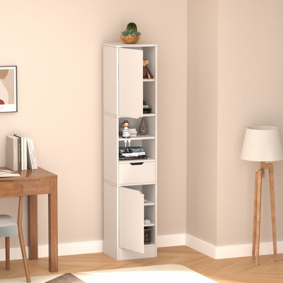 8 Tier Wooden Bookshelves and Bookcases with 2 Doors and 1 Drawer,Floor Standing Display Storage Shelves for Home,White