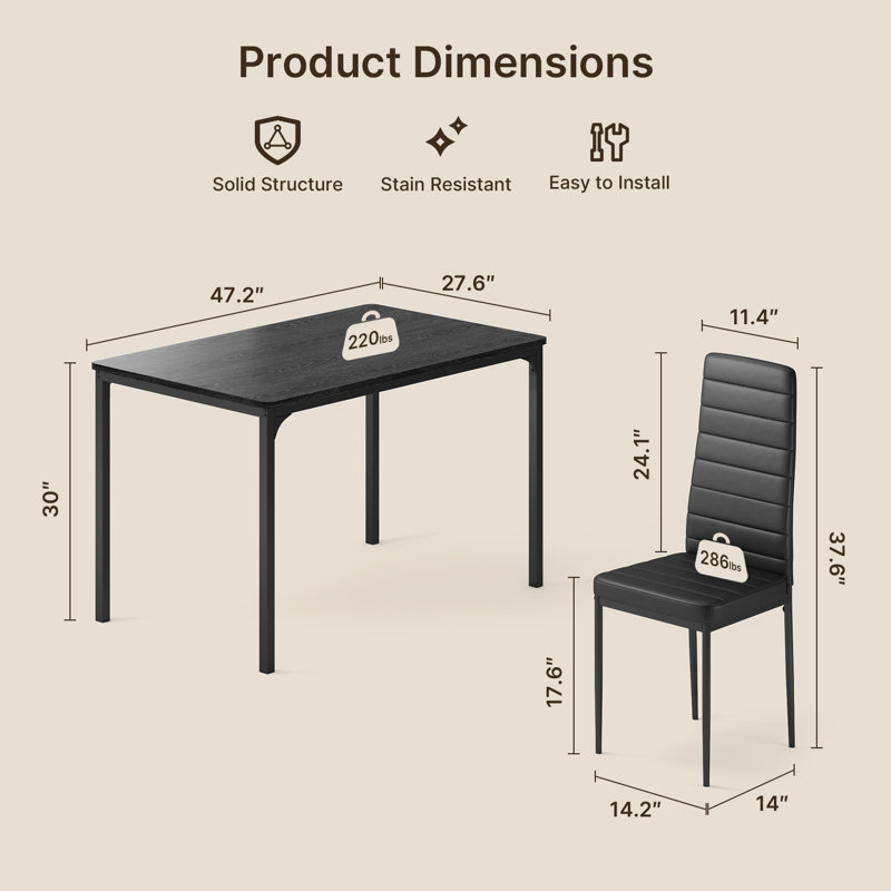 Ensemble de table de salle à manger 4 personnes en bois massif avec chaises en cuir et conception peu encombrante