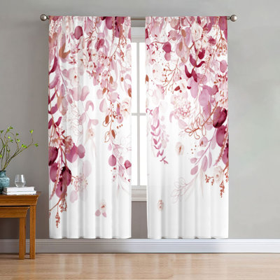 2 pièces de rideaux de vignes à l'aquarelle florale, motif de feuilles botaniques romantiques campagne moderne rideau diaphane pour salon chambre à coucher cuisine fenêtre avec passe-tringle