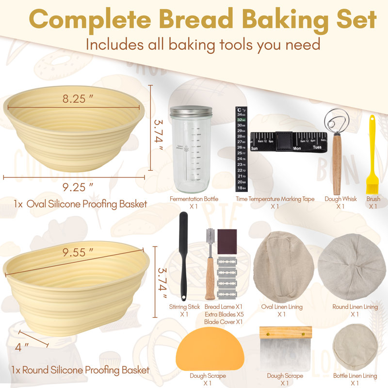 Bread Proofing Basket Set: 10" Oval & 9" Round with Liners, Dough Whisk, Lame, Scrapers & Sling. Sourdough Starter Kit.