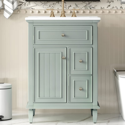 Meuble-lavabo de 24 po avec lavabo - un tiroir rabattable et deux tiroirs, tablette réglable, armoire en bois massif et en bois aggloméré, vert - Mobilier de salle de bain
