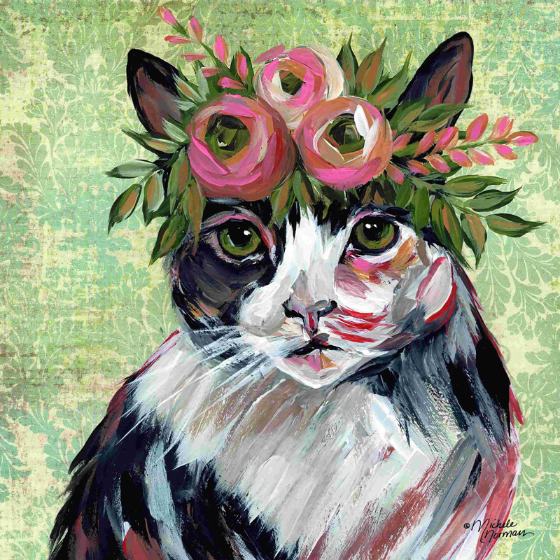 Chat avec couronne florale - peinture sur toile tendue, H 20 po x l 20 po