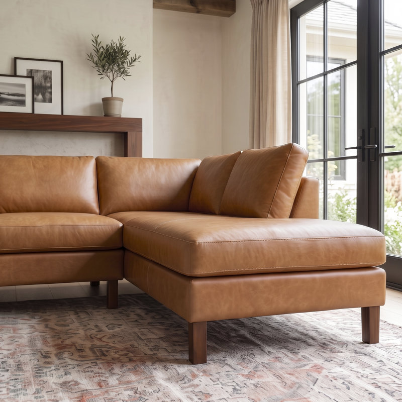 Thibodeau Genuine Leather L-Shaped Sectional Sofa, Cognac, Right Hand Facing