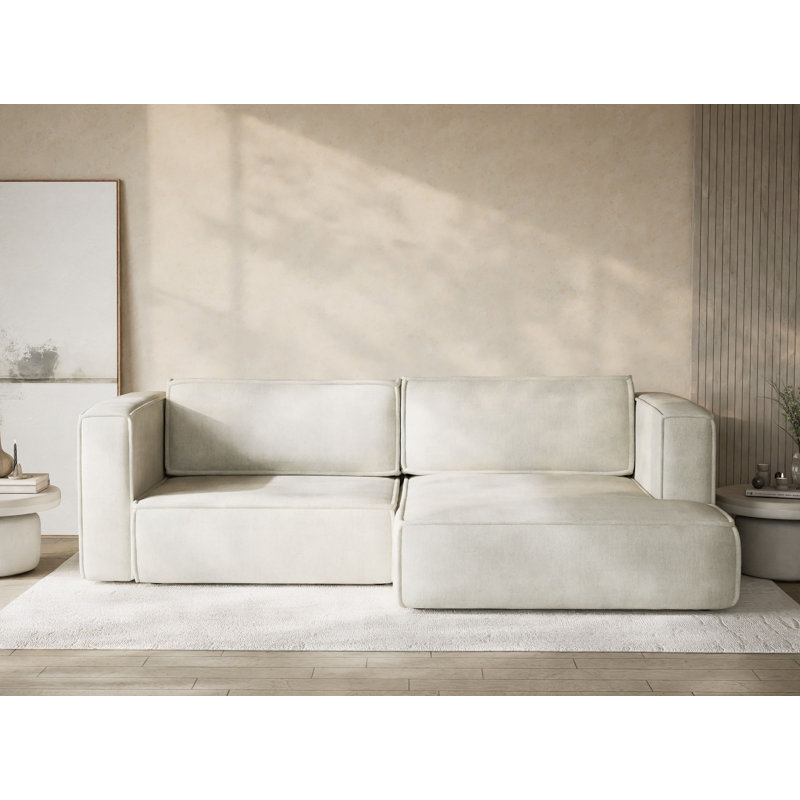 Four-Seater Corner Sofa With Bed Function, Right Hand Facing, Light Cream Polyester/Chenille