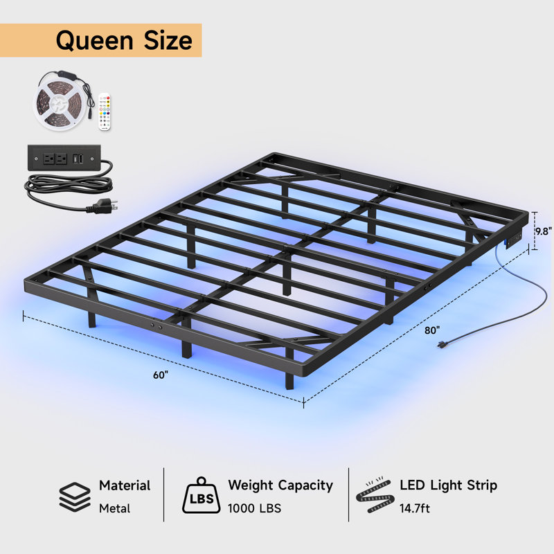 Floating Bed Frame with LED Lights Metal Slats Underbed Storage Space No Box Spring, Queen