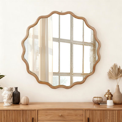 Miroir décoratif rond en bois naturel ondulé 30 po